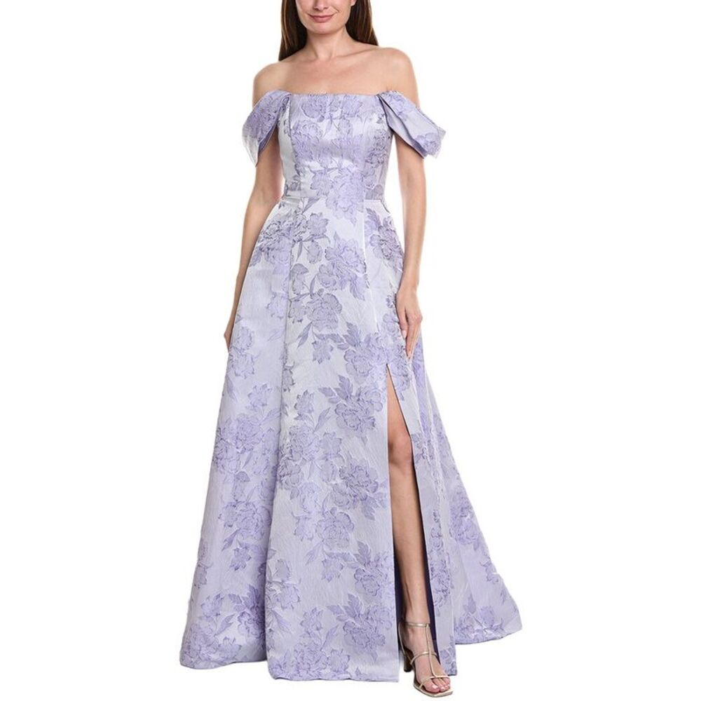Rene Ruiz Womens  Off-The-Shoulder Folded Neckline Textured Gown, Purple